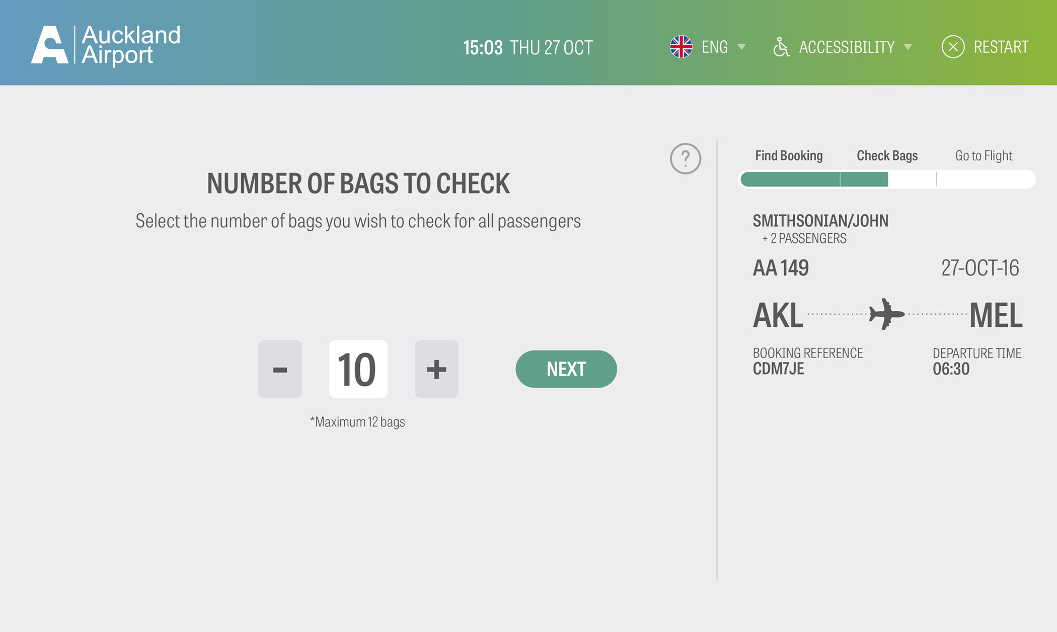 Auckland Airport: Bag Drop Application - Screen 5